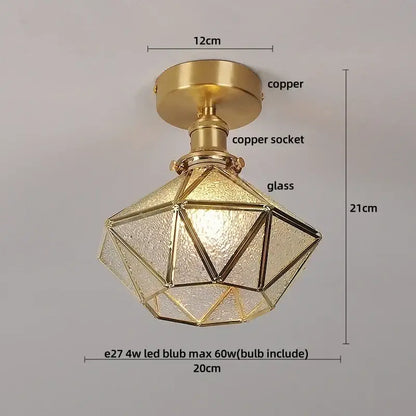 Luxury gold-toned ceiling lamp with decorbites glass grid and copper hardware features a faceted glass grid led design