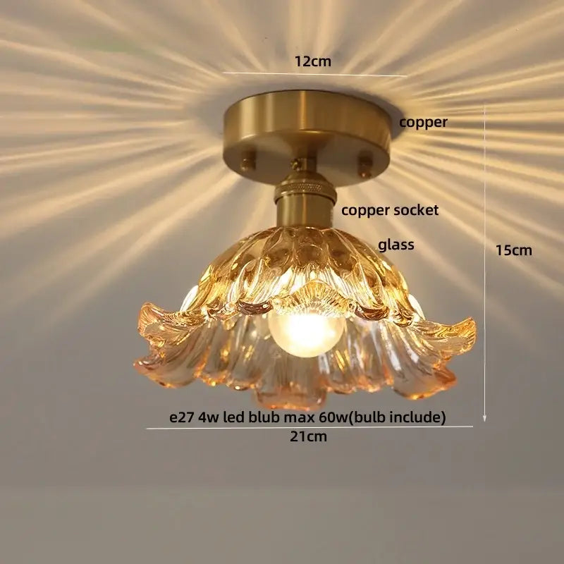 Luxury crystal brass ceiling lamp with amber glass grid petal design and copper finish for living room decorbites glass grid