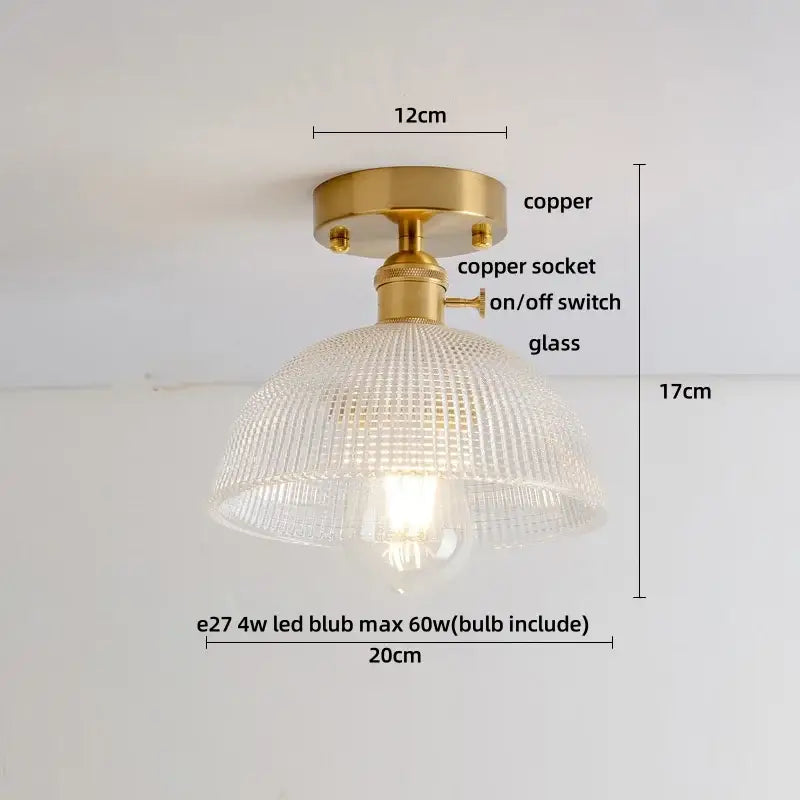 Luxury crystal brass ceiling lamp with gold-toned copper finish decorbites glass grid textured glass shade and on/off switch