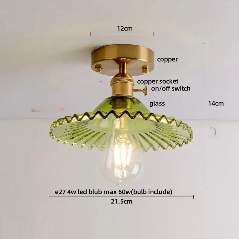 Luxury ceiling lamp with brass copper base and scalloped green glass shade by decorbites glass grid for living room decor