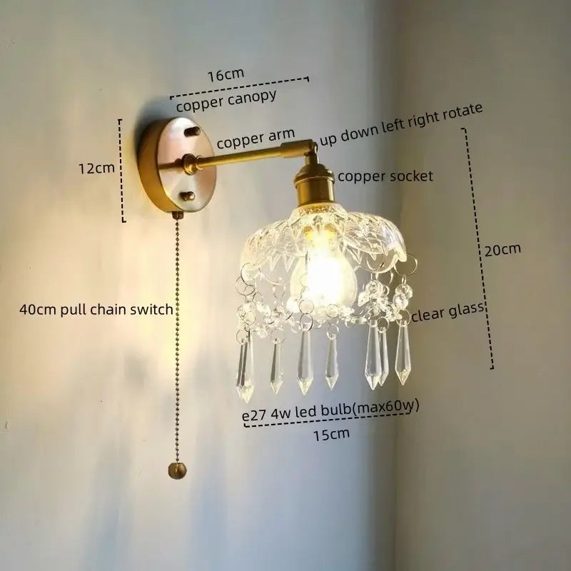Luxury crystal copper led wall sconce with brass-finished copper arm and ornate glass shade for bedroom lighting