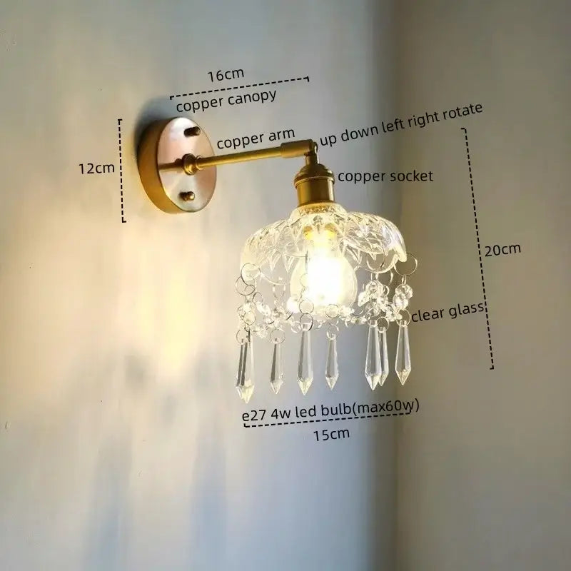 Luxury crystal copper led wall sconce with brass-finished copper arm and ornate glass shade for bedroom lighting