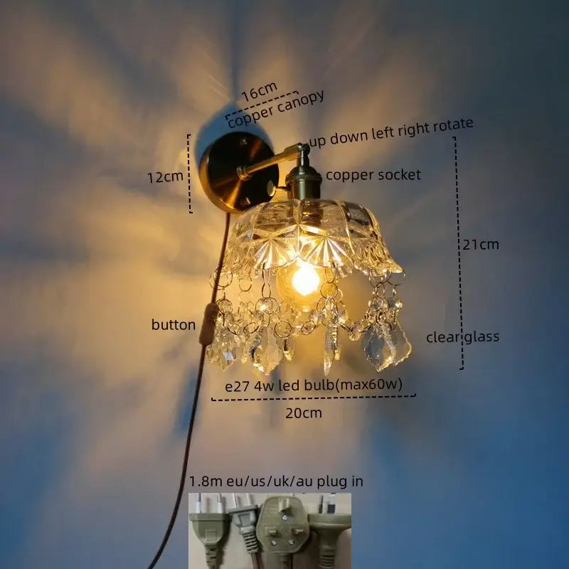 Luxury crystal copper led wall sconce with vintage ornate clear glass shade and dangling crystal droplets for bedroom lighting