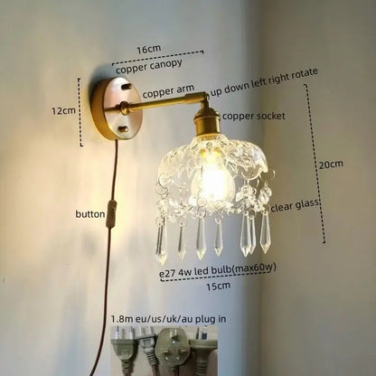 Luxury crystal copper led wall sconce with clear glass shade and dangling crystals for elegant bedroom lighting
