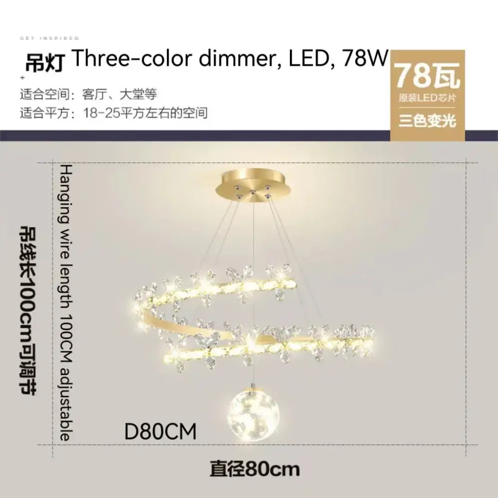Luxury crystal gold ceiling chandelier with gold-toned spiral design, crystal accents, spherical pendant, and led lighting