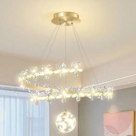 Luxury crystal gold ceiling chandelier with gold-toned double rings, sparkling crystal butterflies, and integrated led lighting