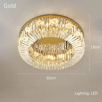 Luxury crystal gold led ceiling light with gold finish and two concentric crystal prism rings for dining room decorbites