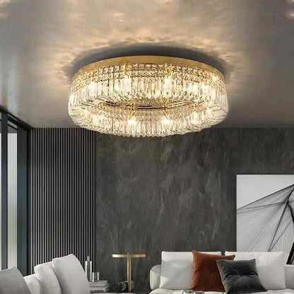 Luxury crystal gold led ring ceiling light features a gold-toned frame with clear faceted crystal prisms for elegant decorbites decor