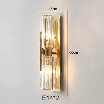 Luxury decorbites crystal gold wall lamp with gold-toned metal and two vertical crystal glass shades for living room lighting