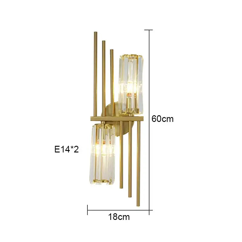 Luxury crystal gold wall lamp featuring gold-toned metal rods and two vertical crystal glass shades for living room decorbites crystal gold lighting