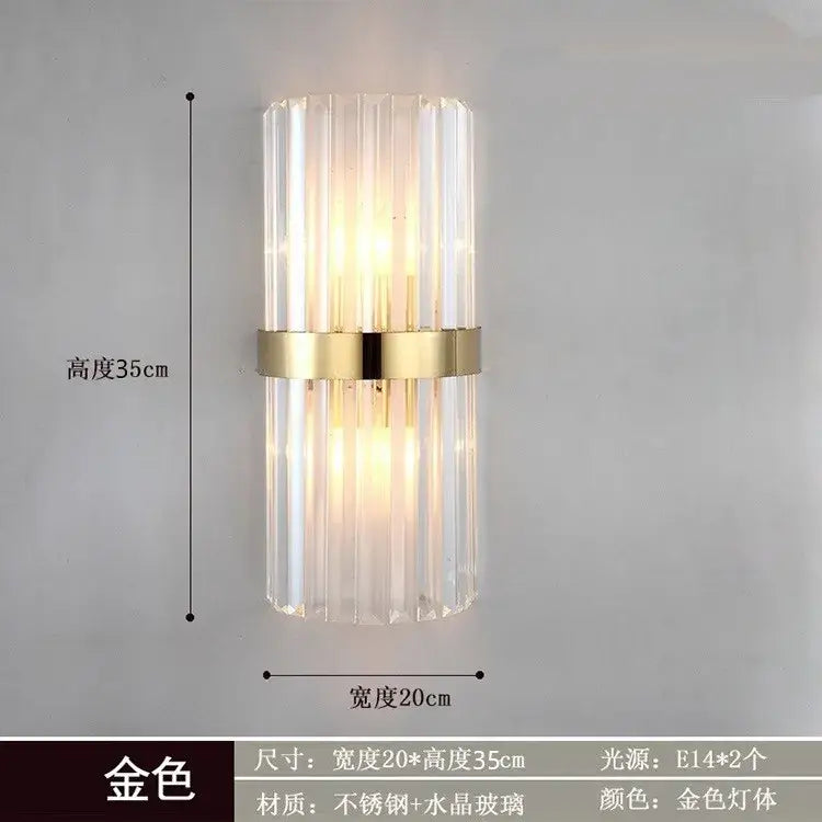 Gold-toned crystal golden wall lamp with vertical glass rods and polished brass band for luxury bedroom decorbites sconce