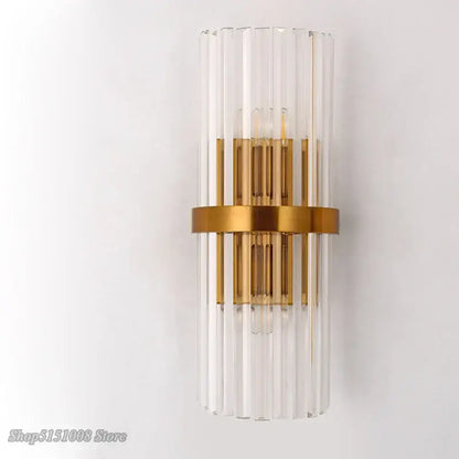 Clear glass cylinder wall lamp with gold-toned metal band decorbites crystal golden wall sconce for living room decor