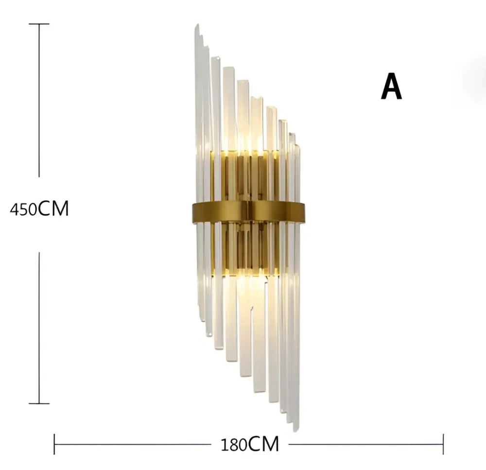 Luxury crystal golden wall lamp featuring gold-toned metal and clear glass rods in a cascading fan-like design for decorbites crystal golden wall decor