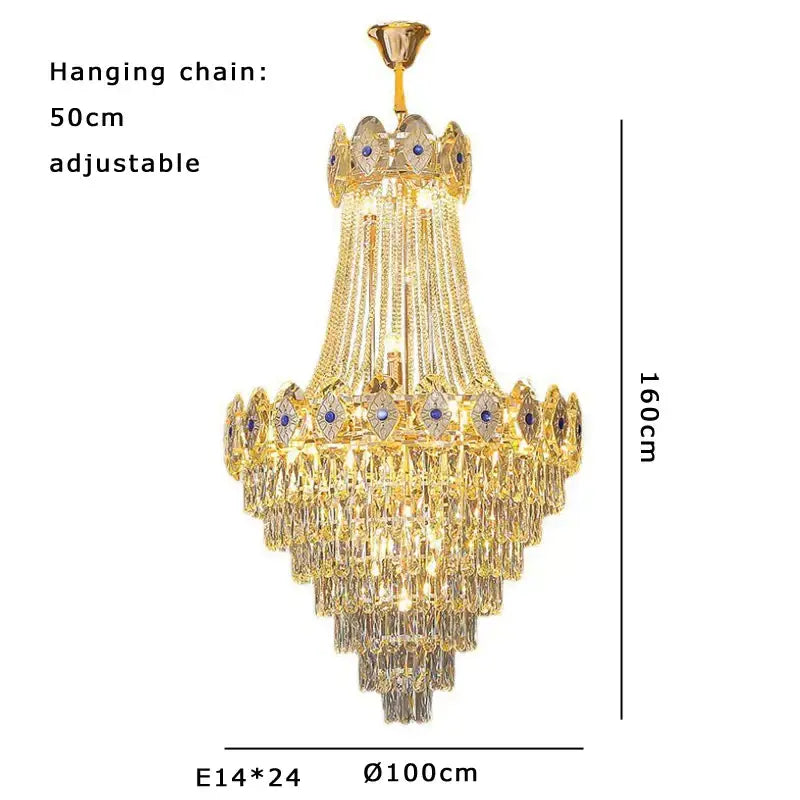 Luxury decorbites gold round chandelier featuring gold tone metal with crystal droplets and blue gemstone accents