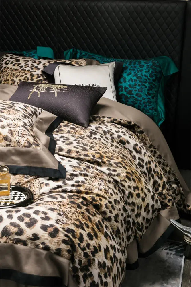 Luxury egyptian cotton leopard print bedding set with tan and black spots and dark gray satin trim