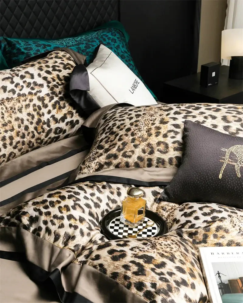 Luxury Egyptian cotton leopard print bedding set in beige and brown with satin ribbons and sleek leopard-print accents