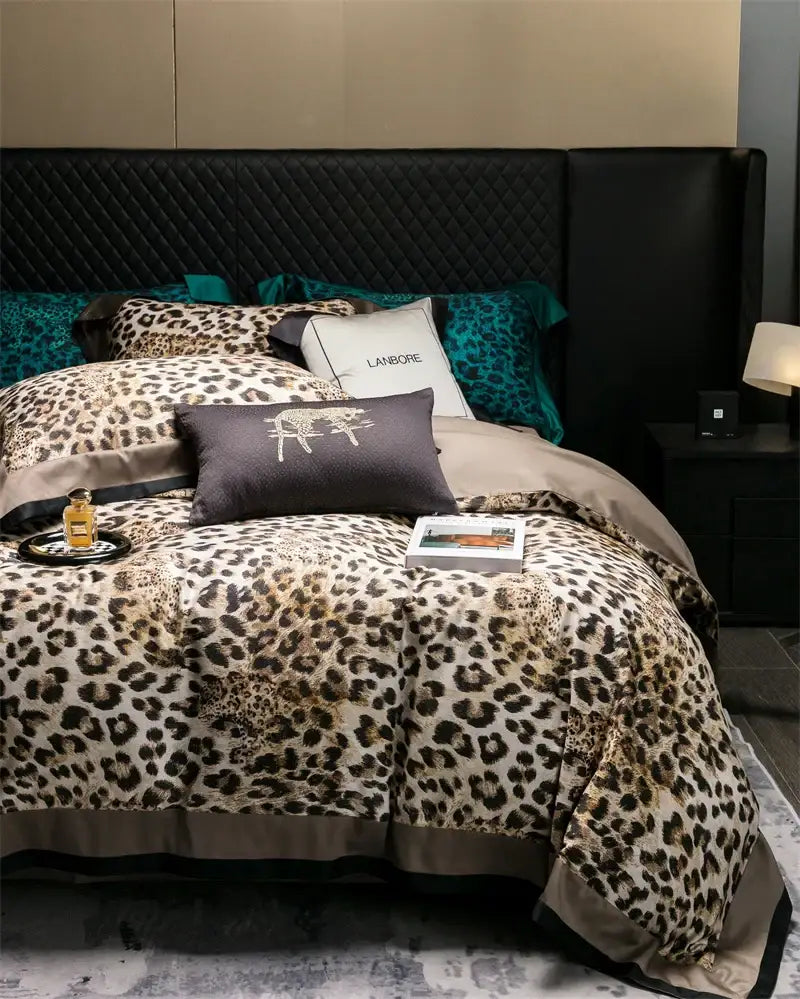 Luxury egyptian cotton leopard print bedding set featuring beige and black leopard print with satin trim for bedroom use