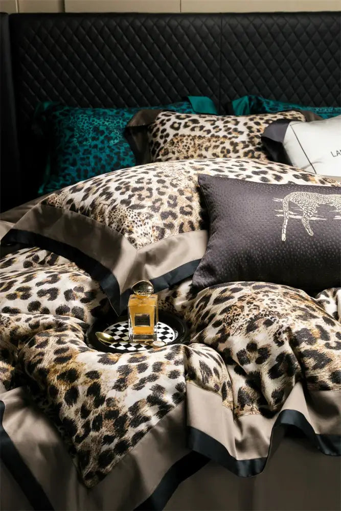 Luxury egyptian cotton leopard print bedding set in beige and brown with satin trim and black accents for bedroom use