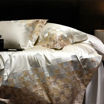 Cream-colored satin duvet cover with woven gold and silver squares luxury embroidery bedding set in pearl white and grey