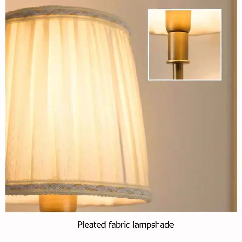 Cream-colored pleated fabric lampshade with textured trim on luxury european brass decorbites copper wall lamp bedroom sconce