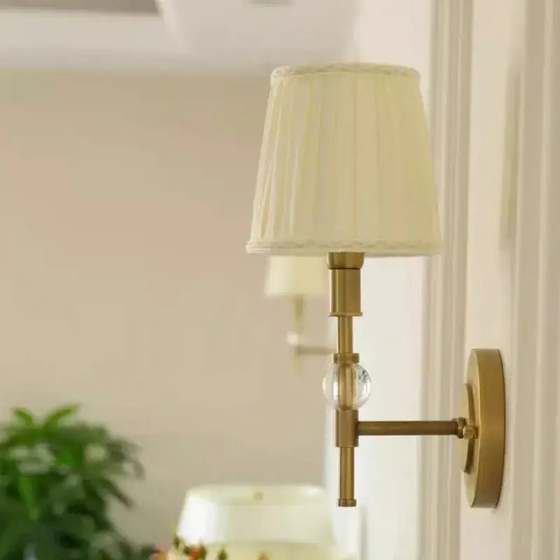 Luxury european brass copper wall lamp with pleated cream fabric shade and clear crystal accent decorbites copper wall lamp