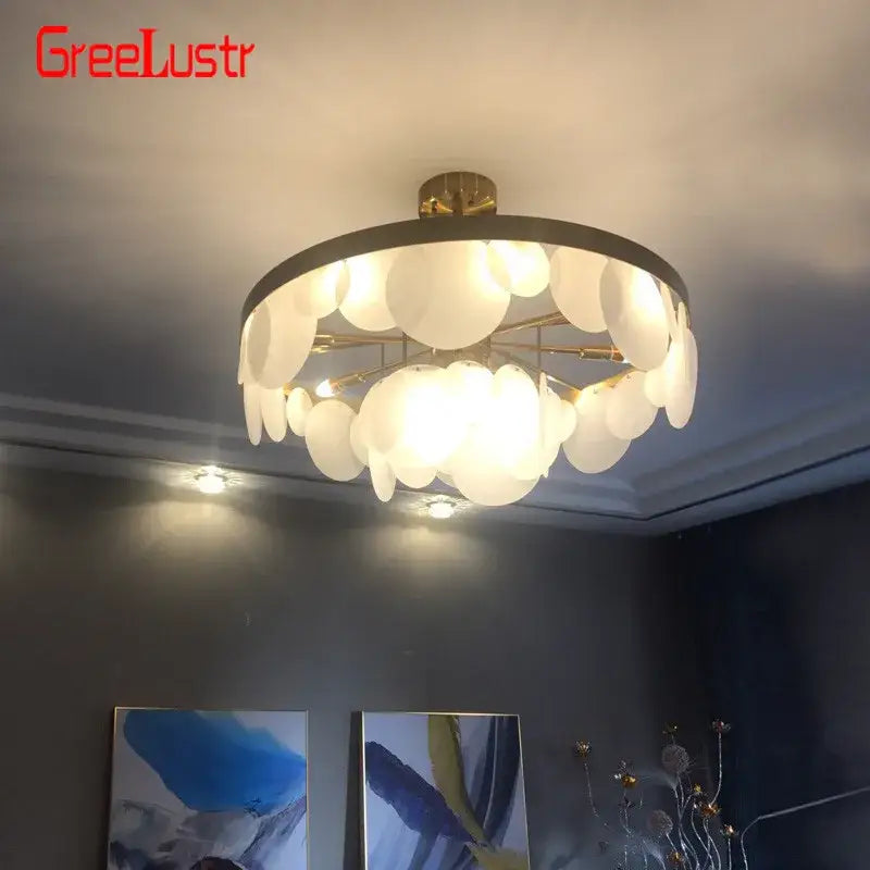 Luxury glass copper led pendant light with gold-toned circular frame and frosted cloud-shaped glass shades for dining room