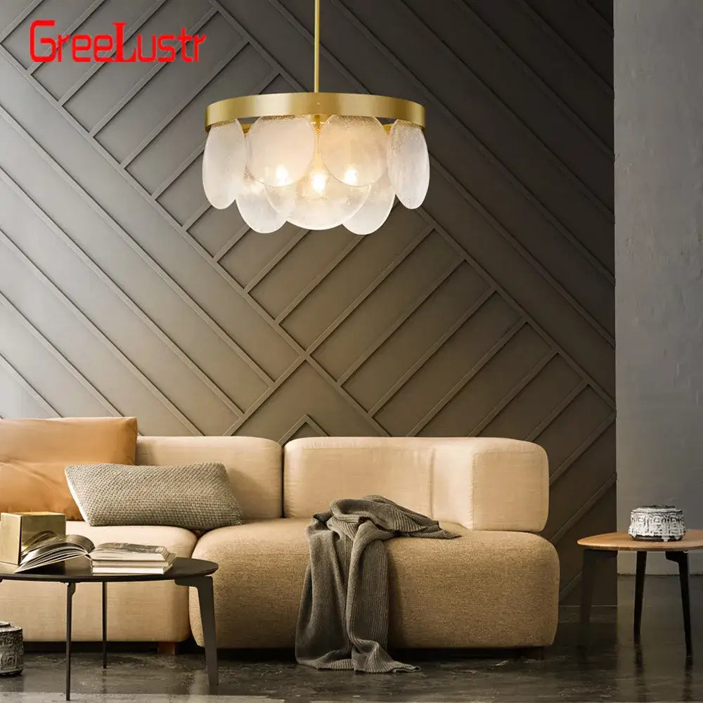 Luxury glass copper led pendant light with gold-toned brass ring and frosted glass petals for dining room chandelier