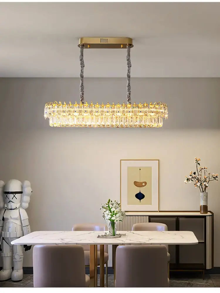 Luxury gold and blue crystal ceiling chandelier with gold-toned rectangular frame and dangling crystal prisms decorbites crystal ceiling