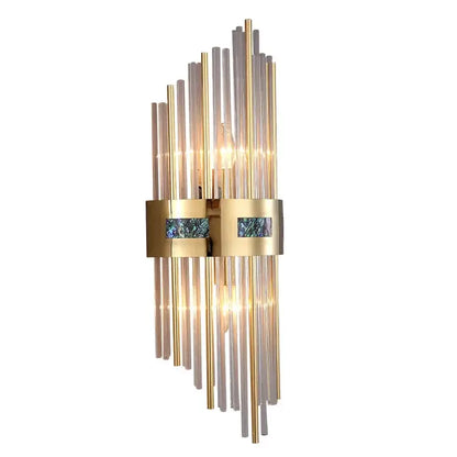Luxury gold and blue decorbites crystal led wall lamp with vertical glass rods and iridescent inlay accents for dining room decor