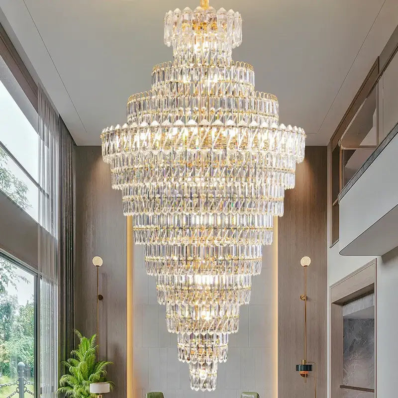 Luxury gold and clear crystal chandelier with multi-tiered cascading faceted glass for living room staircase decorbites crystal chandelier