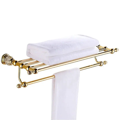 Luxury gold and crystal bath hardware double-tier towel rack with polished metal bars for elegant bathroom storage