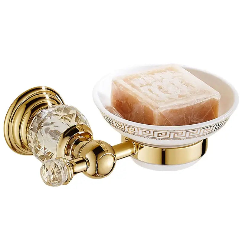 Luxury gold and crystal bath hardware soap dish with white ceramic bowl and ornate Greek key pattern for bathroom use