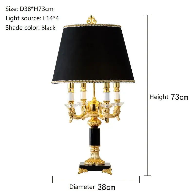 Elegant gold-toned table lamp with black fabric shade and decorbites black crystal accents for black crystal bedroom decor