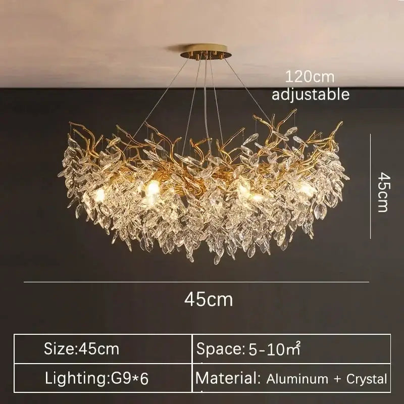 Luxury gold branch crystal pendant chandelier with cascading aluminum and crystal leaves and six g9 bulbs decorbites crystal pendant