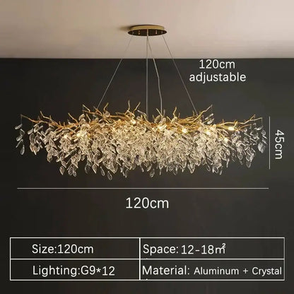 Luxury gold branch crystal pendant chandelier with a 120cm adjustable golden aluminum frame and cascading clear crystals for decorbites crystal pendant lighting