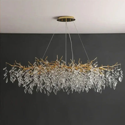 Luxury gold branch crystal pendant chandelier with clear leaf-shaped droplets for elegant dining room decorbites crystal pendant