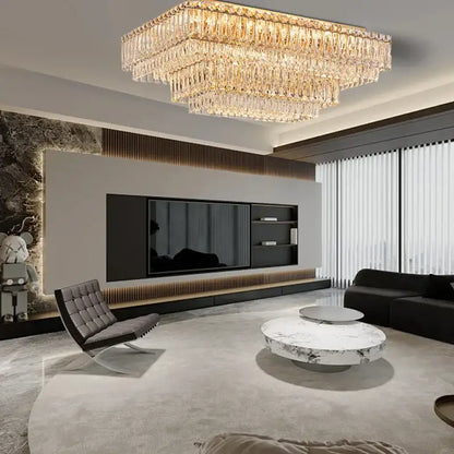 Luxury gold and clear crystal round ceiling lamp chandelier with multi-tiered cascading crystal strands for dining room decorbites crystal round ceiling lamp