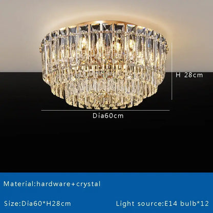 Luxury gold ceiling lamp featuring cascading clear faceted crystals in a decorbites crystal round ceiling chandelier