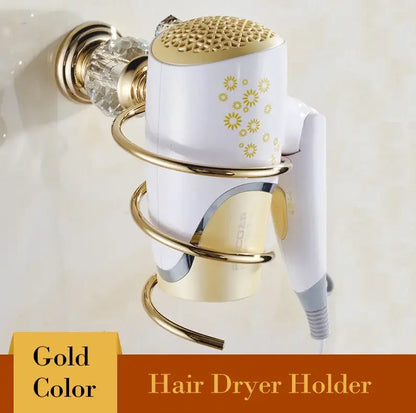 Gold-colored spiral hair dryer holder with crystal accent from decorbites brass luxury crystal bathroom set accessory