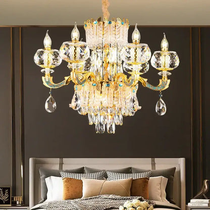 Luxury gold crystal candle chandelier with clear droplets and turquoise gemstones for dining room decorbites crystal candle