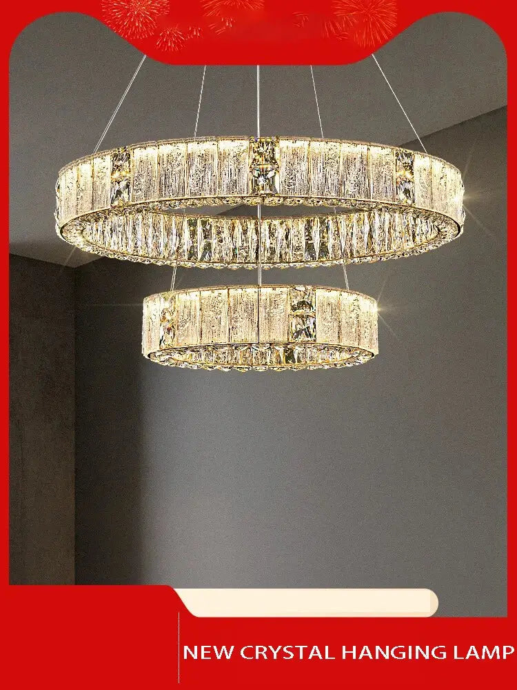 Luxury gold crystal ceiling chandelier with double ring design and faceted clear crystals by decorbites crystal ceiling