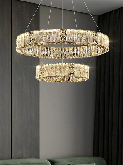 Luxury gold crystal ceiling chandelier with double ring design and cascading prisms for elegant dining room decorbites crystal ceiling
