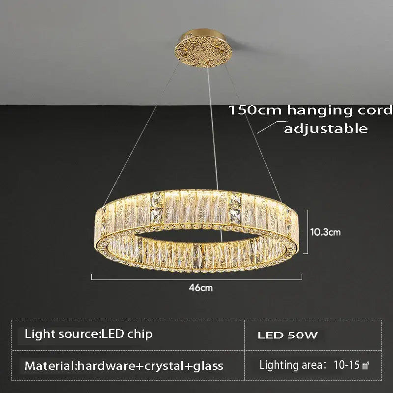 Luxury gold crystal ceiling chandelier with double ring led design and 150cm adjustable cord for dining room decorbites crystal ceiling