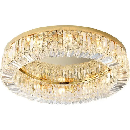 Luxury gold crystal ceiling chandelier featuring two concentric rings of faceted crystal prisms for dining room decorbites crystal ceiling