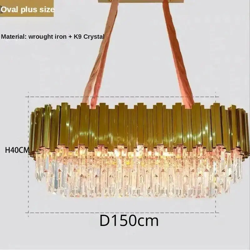 Oval-shaped luxury gold crystal ceiling chandelier with golden wrought iron frame and cascading k9 prisms decorbites crystal ceiling