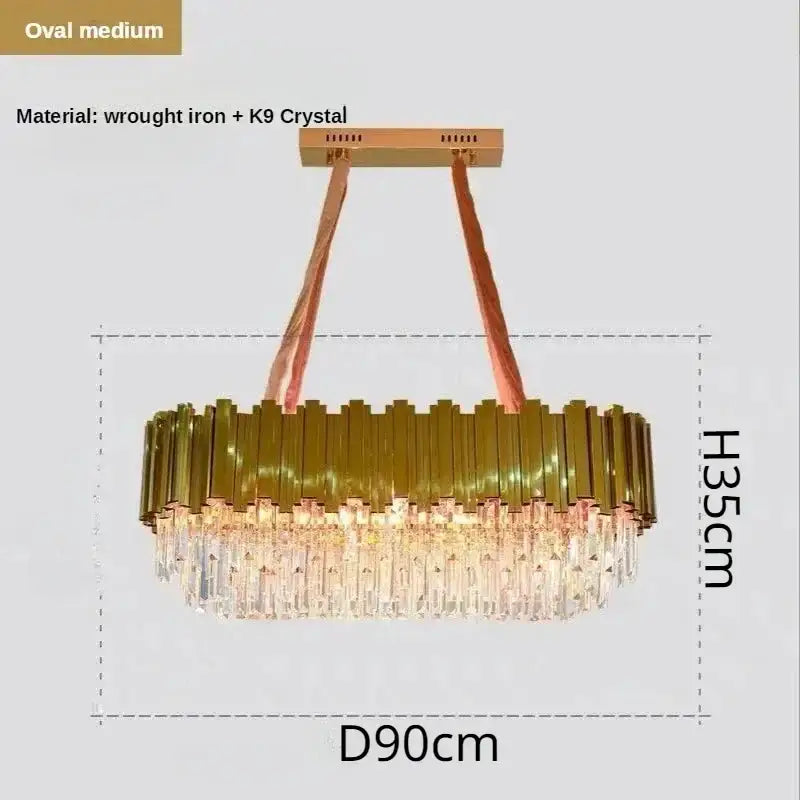 Oval medium luxury gold crystal ceiling chandelier with brass wrought iron frame and cascading k9 crystal strands decorbites crystal ceiling