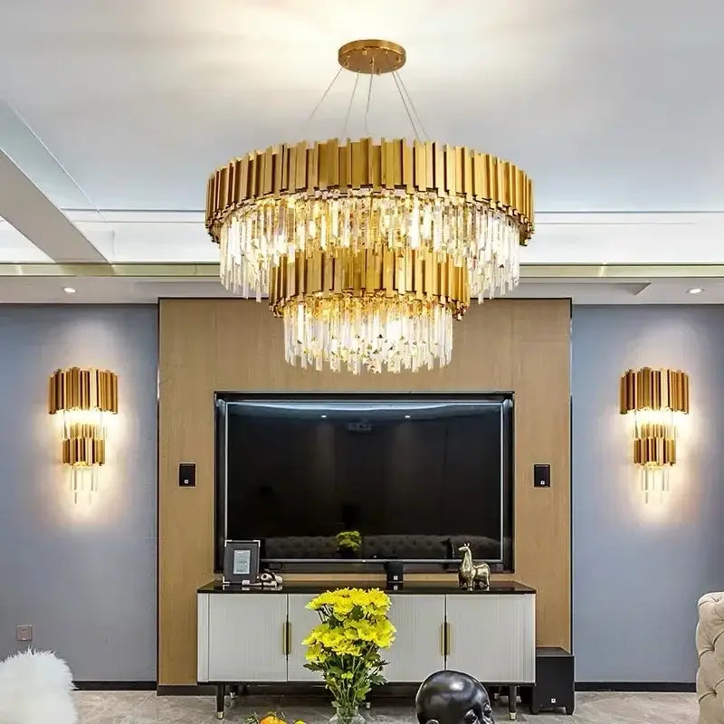 Luxury gold crystal ceiling chandelier with cascading crystal droplets by decorbites for elegant living room decorbites crystal ceiling
