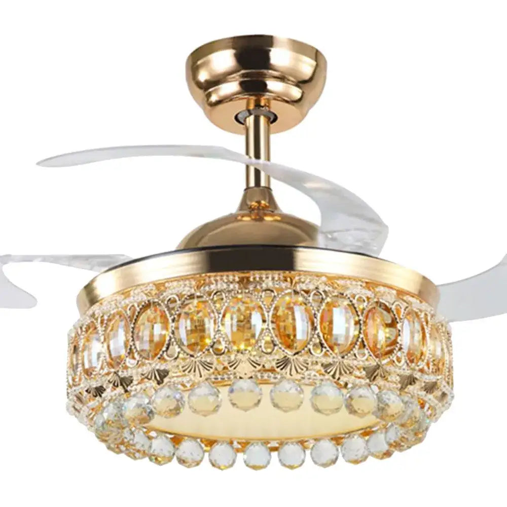 Luxury gold crystal ceiling fan light with crystal embellishments and translucent blades for living room use