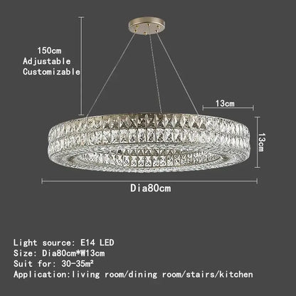 Luxury gold crystal circle pendant chandelier with double-tiered clear faceted crystals and adjustable hanging chains for dining room lighting