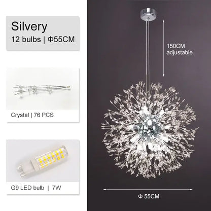 Luxury gold crystal decorbites dandelion chandelier with 12 g9 led bulbs and 76 sparkling silver crystals for living room light